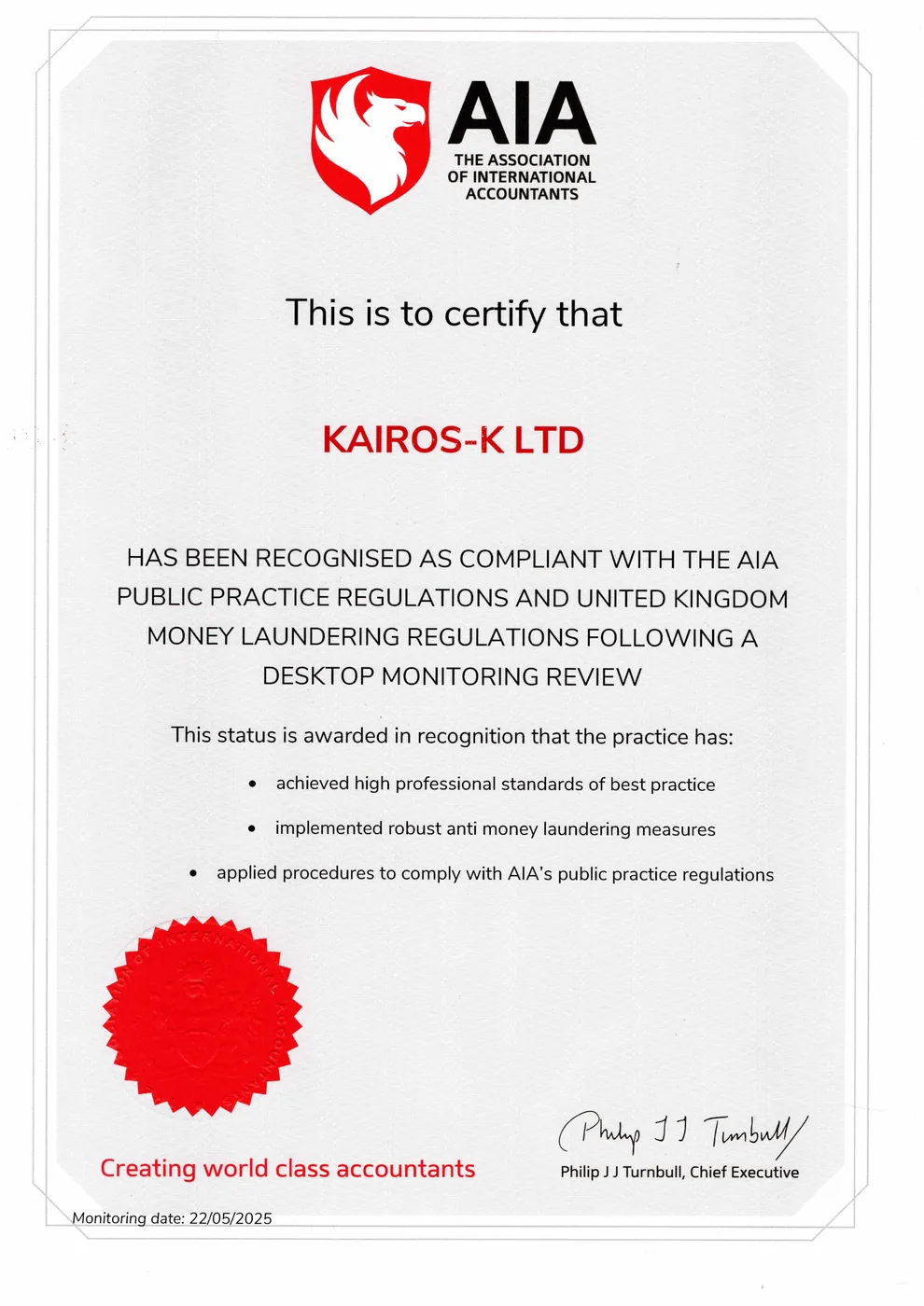AIA practice compliance certificate, Kairos-K LTD