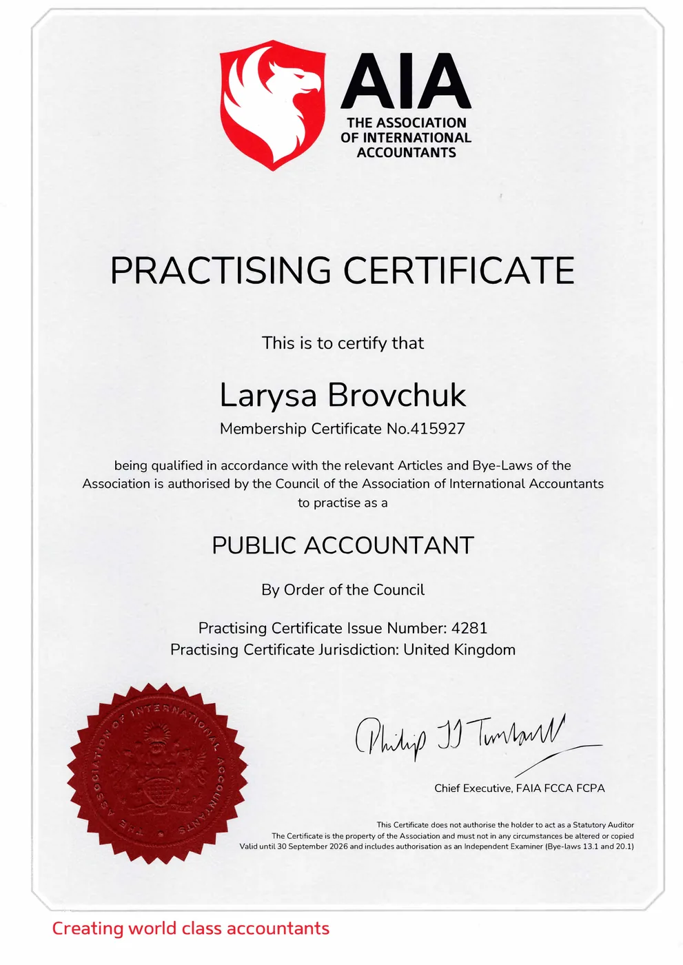 AIA Practising Certificate, Larysa Brovchuk, no. 4281