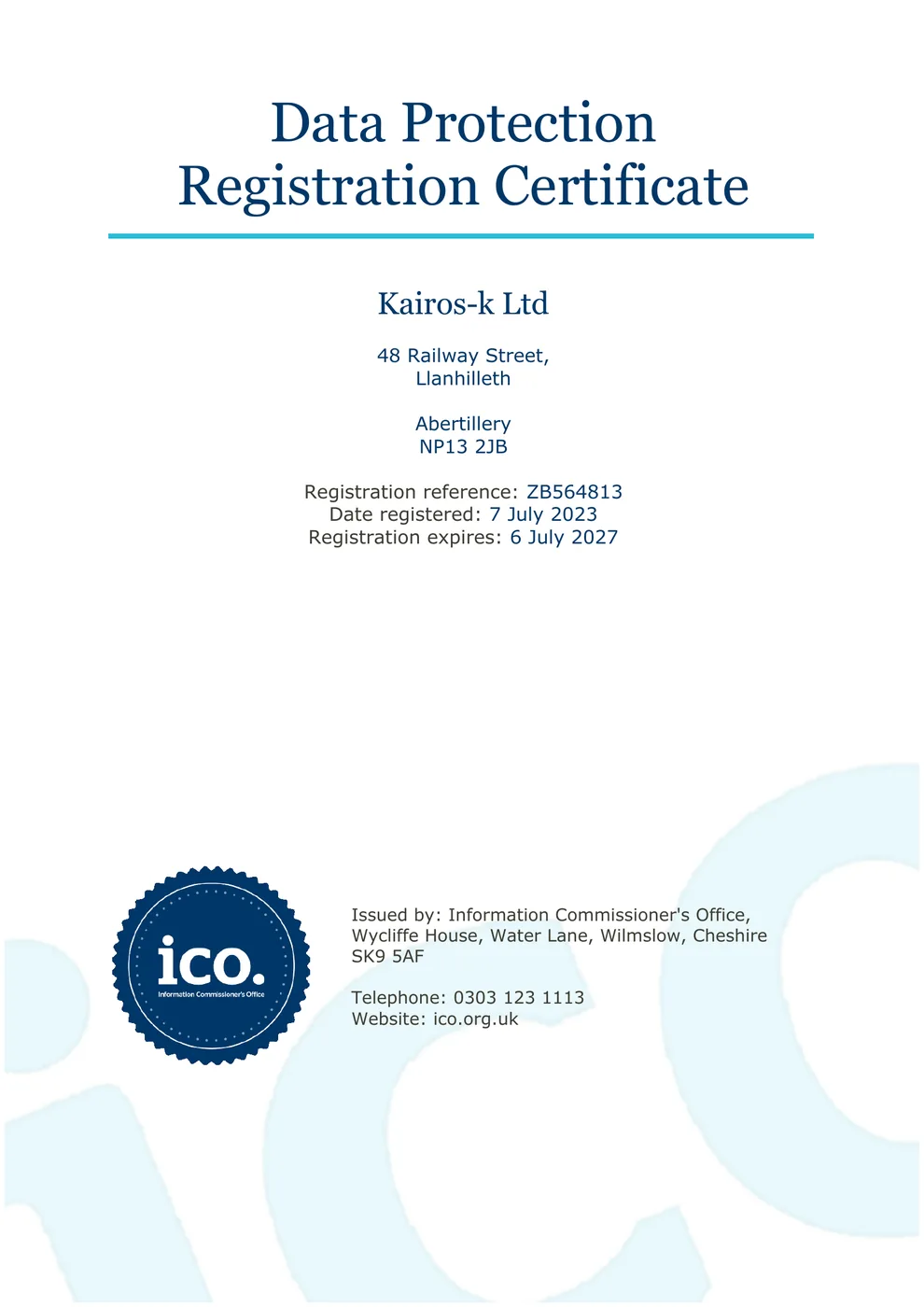 ICO data protection registration certificate ZB564813