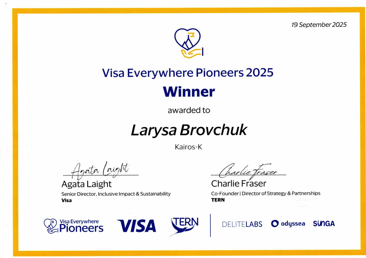 Visa Everywhere Pioneers 2025 winner's certificate